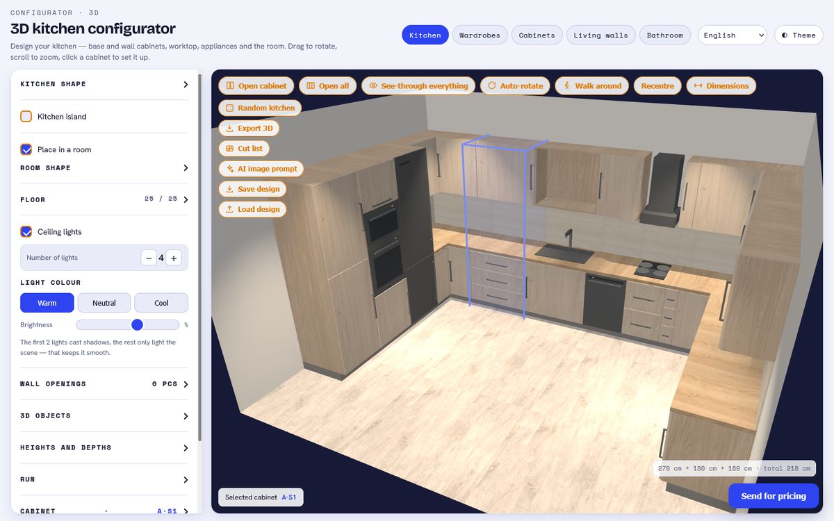 Configurator: settings panel on the left, 3D scene with toolbar on the right